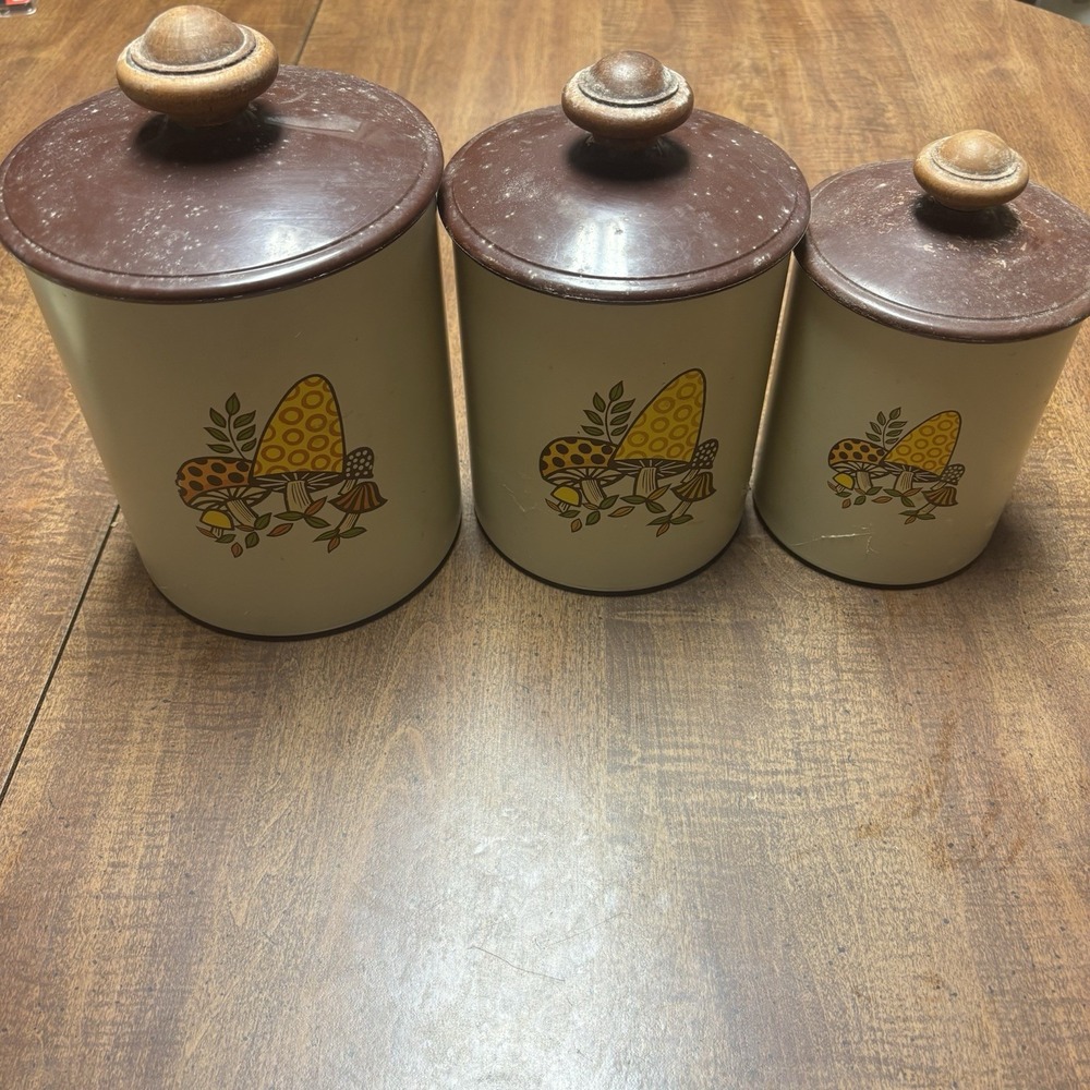 Vtg 1970s Mushroom Canister Set by West Bend - 3 Retro‎ Tin Cans Wood Knob Lids
